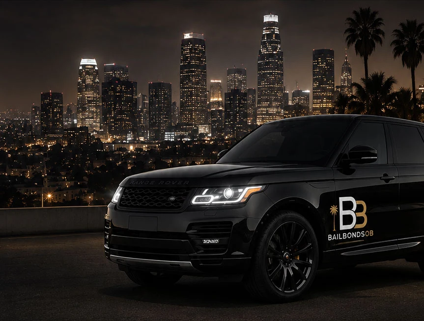 BailBondsOB Range Rover overlooking the Los Angeles skyline